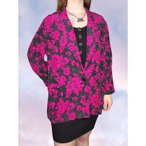 80s Vtg Pink Floral Black White Polka Dot JP Collection Long Sleeve Blazer Sz L